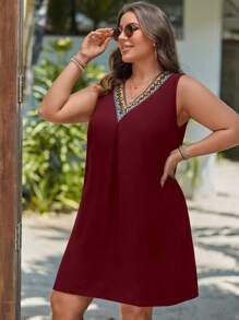 SHEIN LUNE Talla grande Vestido tank en contraste geométrico cinta - Burdeos - Ver 4