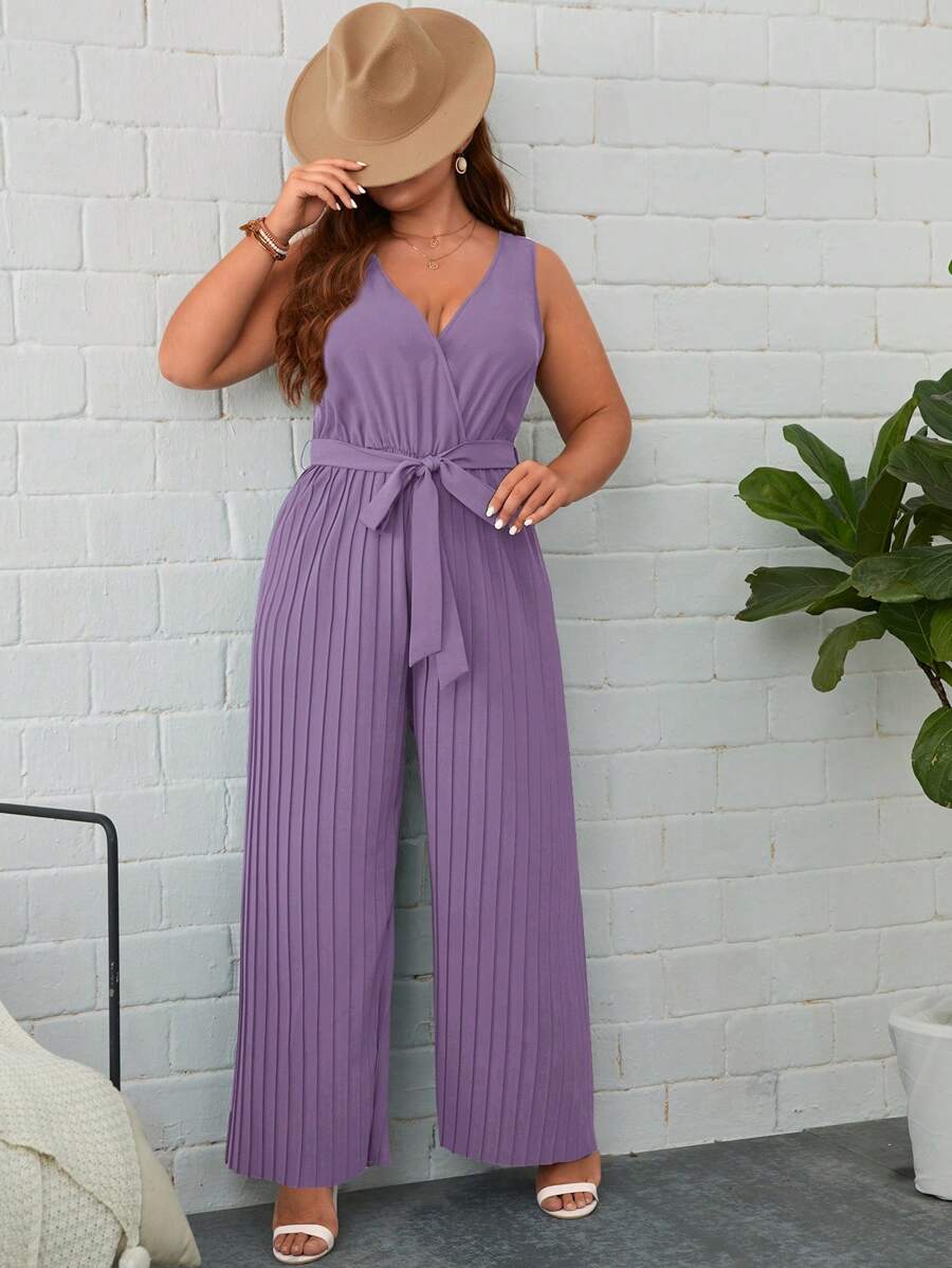 SHEIN Clasi Plus Plisse Belted Wide Leg Tank Jumpsuit - Lilac Purple - View 1