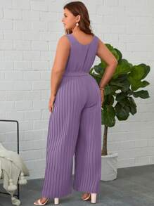 SHEIN Clasi Plus Plisse Belted Wide Leg Tank Jumpsuit - Lilac Purple - View 2