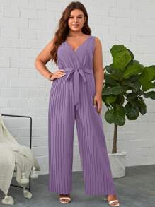 SHEIN Clasi Plus Plisse Belted Wide Leg Tank Jumpsuit - Lilac Purple - View 3