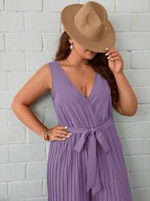 SHEIN Clasi Plus Plisse Belted Wide Leg Tank Jumpsuit - Lilac Purple - View 5