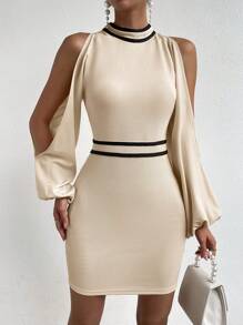 RosyDaze Striped Trim Cold Shoulder Lantern Sleeve Contrast Binding Bodycon Dress - Apricot - View 5