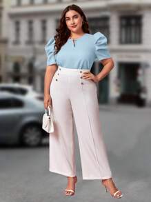 SHEIN Clasi Plus Pearls Beaded Detail Puff Sleeve Blouse - Baby Blue - View 3