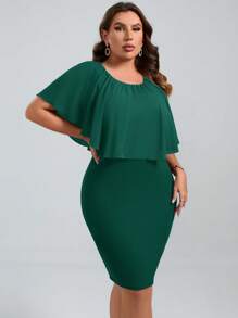 SHEIN LUNE Plus Solid Ruffle Trim Bodycon Dress - Dark Green - View 1