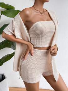 SHEIN Essnce Chất rắn Ống ngọn & Quần short & Mở Mặt trước áo - Màu be - Xem 1
