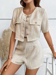 SHEIN Frenchy 翻蓋細節前紐扣短夾克和短褲 - 杏色 - 查看 5