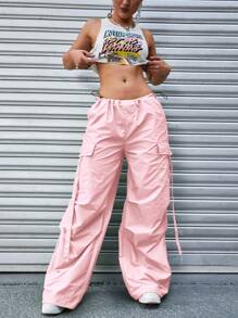 Spring And Summer Women Flap Pocket Side Drawstring Waist Casual Cargo Pants - Pink - View 1