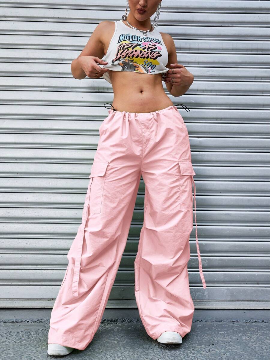 Spring And Summer Women Flap Pocket Side Drawstring Waist Casual Cargo Pants - Pink - View 1