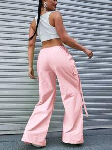 Spring And Summer Women Flap Pocket Side Drawstring Waist Casual Cargo Pants - Pink - View 2