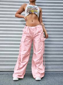Spring And Summer Women Flap Pocket Side Drawstring Waist Casual Cargo Pants - Pink - View 3