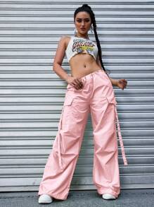 Spring And Summer Women Flap Pocket Side Drawstring Waist Casual Cargo Pants - Pink - View 6