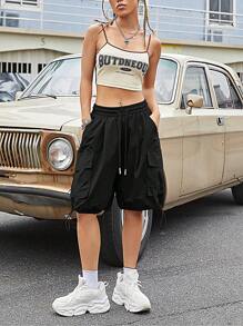 Solid Drawstring Waist Cargo Shorts - Black - View 1