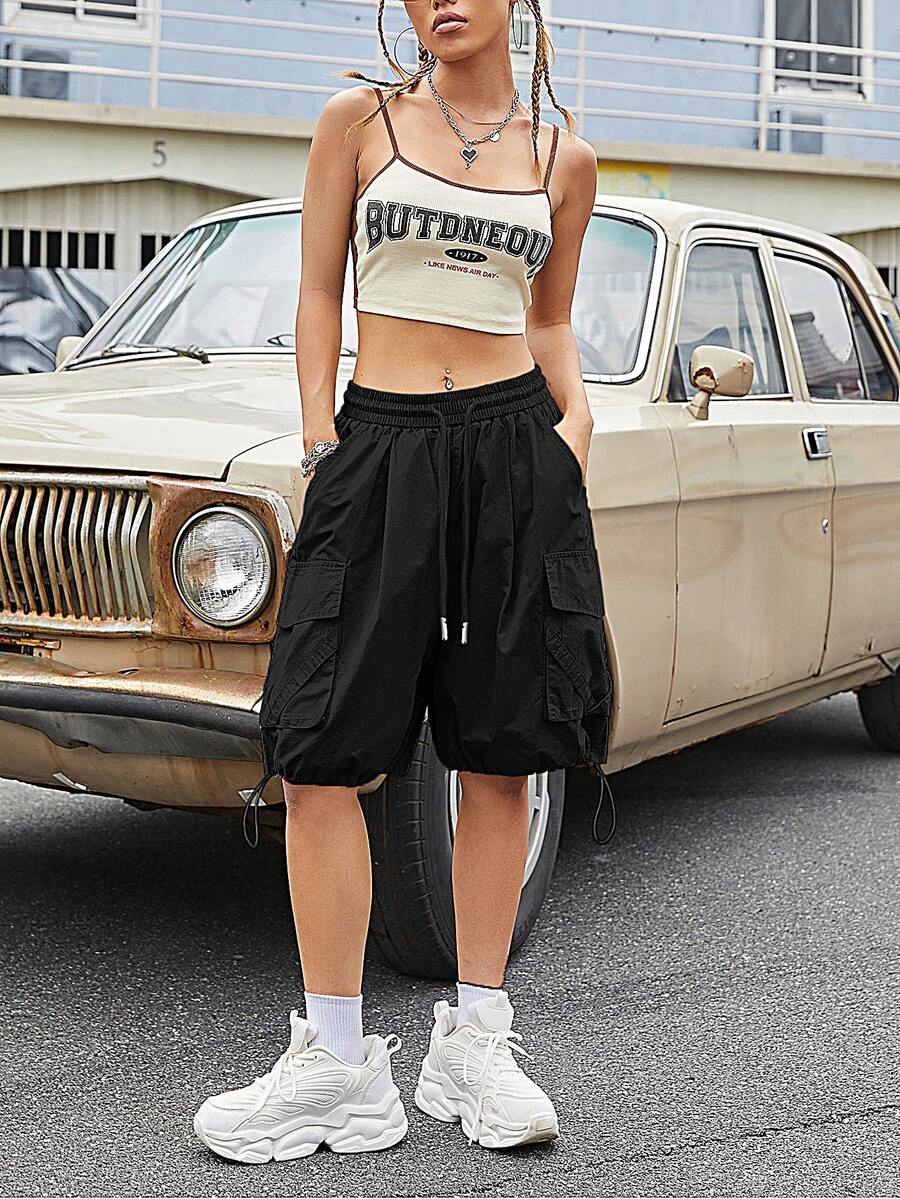 Solid Drawstring Waist Cargo Shorts - Black - View 1