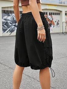 Solid Drawstring Waist Cargo Shorts - Black - View 2