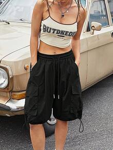 Solid Drawstring Waist Cargo Shorts - Black - View 3