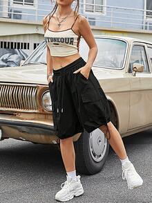 Solid Drawstring Waist Cargo Shorts - Black - View 4