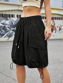 Solid Drawstring Waist Cargo Shorts - Black - View 5