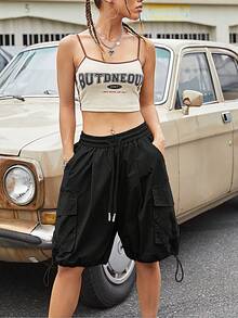 Solid Drawstring Waist Cargo Shorts - Black - View 6