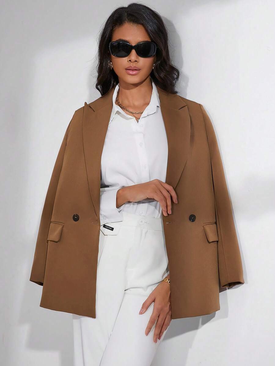 GENKIRA Casual Solid Double Breasted Lapel Neck Blazer  Fall Cloth For Women - Camel - View 1