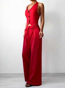 EURMUSE Button Front Vest Blazer & Wide Leg Trousers - Red - View 3