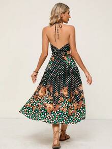 SHEIN VCAY Polka Dot & Floral Print Halter Top & Split Thigh Skirt - Multicolor - View 2