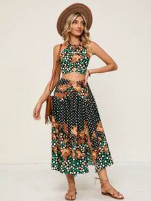 SHEIN VCAY Polka Dot & Floral Print Halter Top & Split Thigh Skirt - Multicolor - View 3