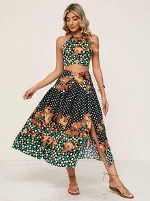 SHEIN VCAY Polka Dot & Floral Print Halter Top & Split Thigh Skirt - Multicolor - View 5