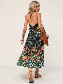 SHEIN VCAY Polka Dot & Floral Print Halter Top & Split Thigh Skirt - Multicolor - View 6