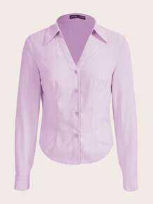 BizChic Chất rắn Nút phía trước Áo sơ mi Trang phục làm việc - Màu Lilac Tím - Xem 9