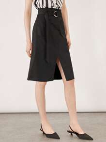 BizChic Váy công sở có túi kép xẻ gấu, thắt lưng - màu đen - Xem 8