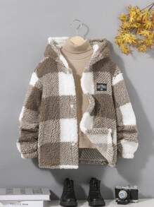 SHEIN Tween Boy Plaid Fleece Fabric Hooded Long Sleeve College Style Coat For Winter - Multicolor - View 1