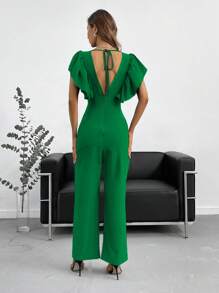 SHEIN BIZwear Solid Ruffle Trim Slant Pocket Jumpsuit Workwear - Green - View 2