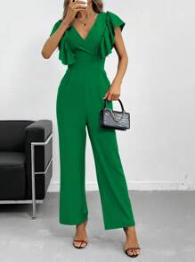 SHEIN BIZwear Solid Ruffle Trim Slant Pocket Jumpsuit Workwear - Green - View 3