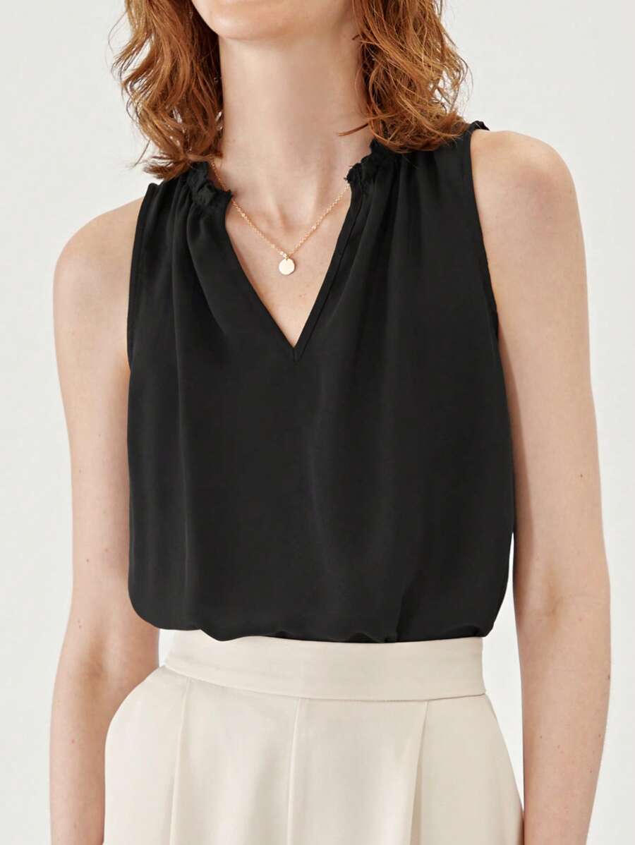 BizChic Notched Neck Frill Trim Top Workwear - Black - View 1