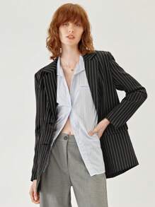 BizChic Blazer femme à rayures imprimées, coupe simple boutonnage, uniforme de travail, veste de costume ample à manches longues pour l'automne - Noir - Voir 6