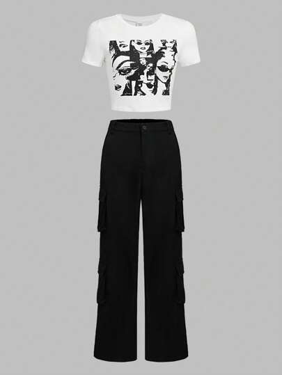SHEIN Girlism 青少年女孩人像圖案T恤和側翻蓋口袋工裝褲