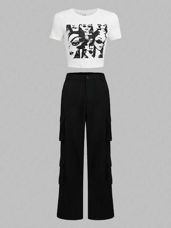 SHEIN Girlism 青少年女孩人像圖案T恤和側翻蓋口袋工裝褲