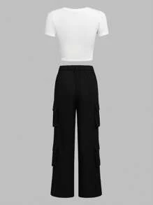 SHEIN Girlism 青少年女孩人像圖案T恤和側翻蓋口袋工裝褲 - 黑與白 - 查看 2