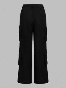 SHEIN Girlism 青少年女孩人像圖案T恤和側翻蓋口袋工裝褲 - 黑與白 - 查看 3