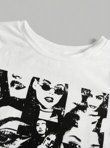 SHEIN Girlism 青少年女孩人像圖案T恤和側翻蓋口袋工裝褲 - 黑與白 - 查看 8