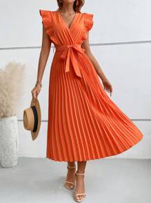 SHEIN VCAY Viền Ruffle Viền xếp Váy có thắt lưng - trái cam - Xem 4