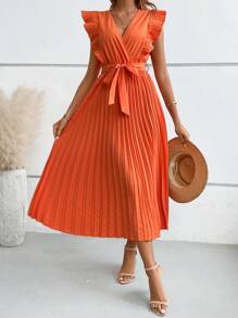 SHEIN VCAY Viền Ruffle Viền xếp Váy có thắt lưng - trái cam - Xem 3