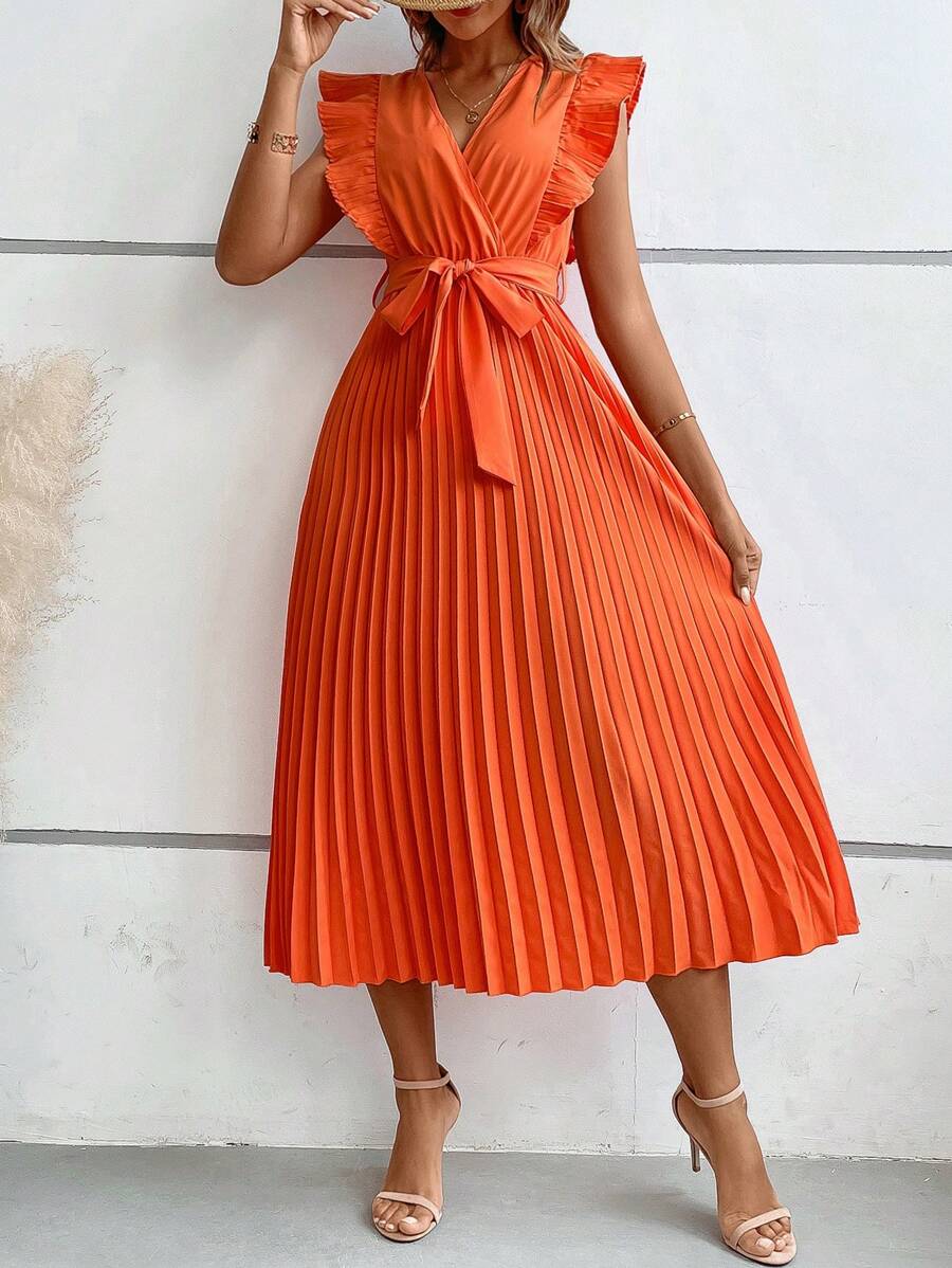 SHEIN VCAY Viền Ruffle Viền xếp Váy có thắt lưng - trái cam - Xem 1