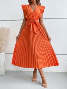 SHEIN VCAY Viền Ruffle Viền xếp Váy có thắt lưng - trái cam - Xem 5