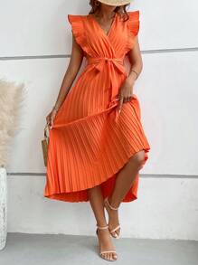 SHEIN VCAY Viền Ruffle Viền xếp Váy có thắt lưng - trái cam - Xem 6