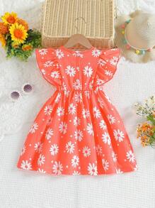 Young Girl Floral Print Ruffle Trim Dress - Orange - View 2