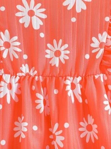 Young Girl Floral Print Ruffle Trim Dress - Orange - View 3