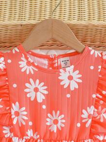 Young Girl Floral Print Ruffle Trim Dress - Orange - View 4