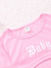 SHEIN cô gái mười hai Đồ họa Chữ cái Hem cao thấp Áo thun & Áo Cami & Quần short - Nhiều màu - Xem 3