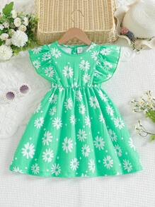 Cô Gái Trẻ In hoa Viền Ruffle Đầm - màu xanh lá - Xem 1